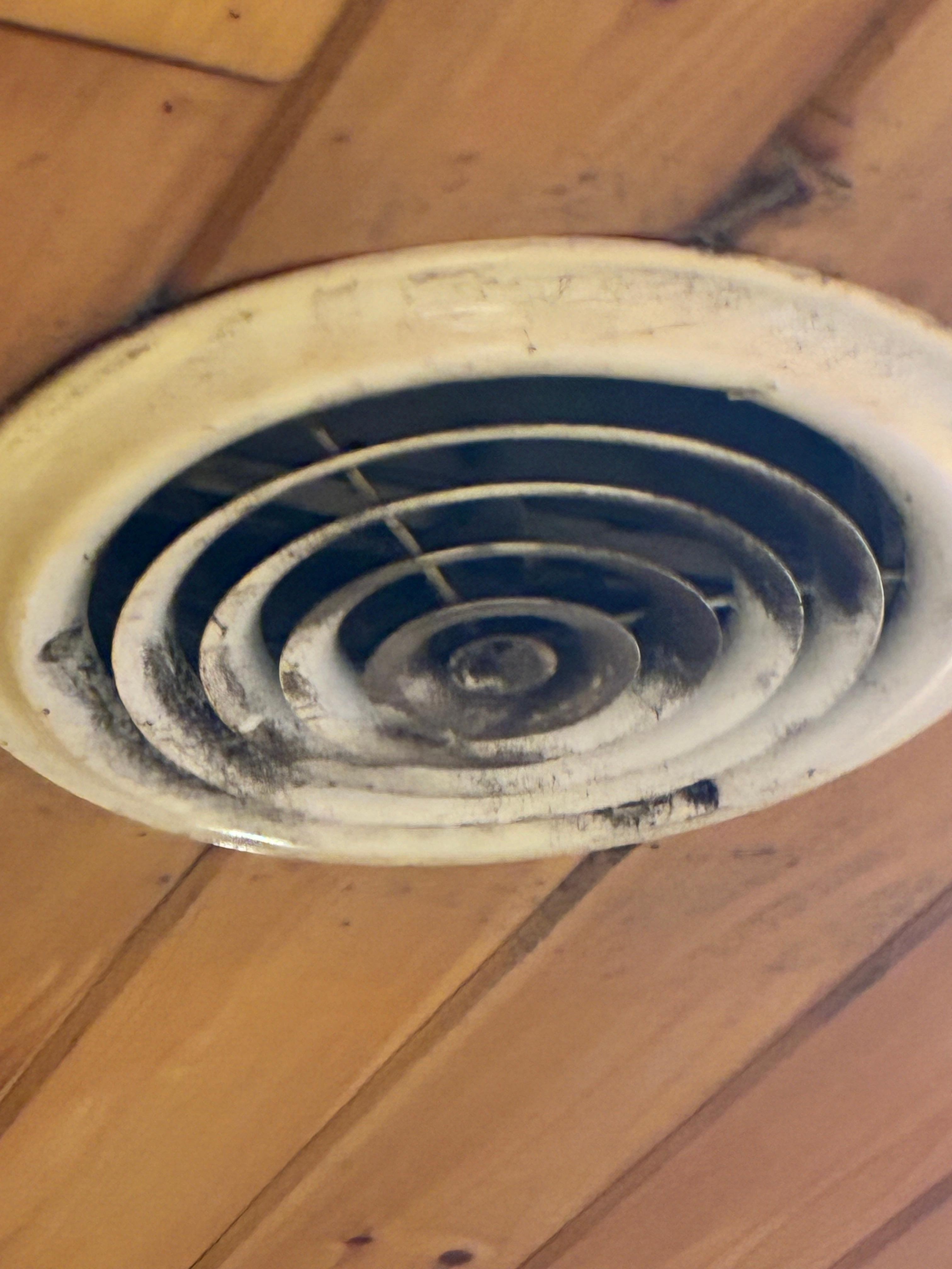Vent in basement ceiling covered in black mold & beside the water leak 