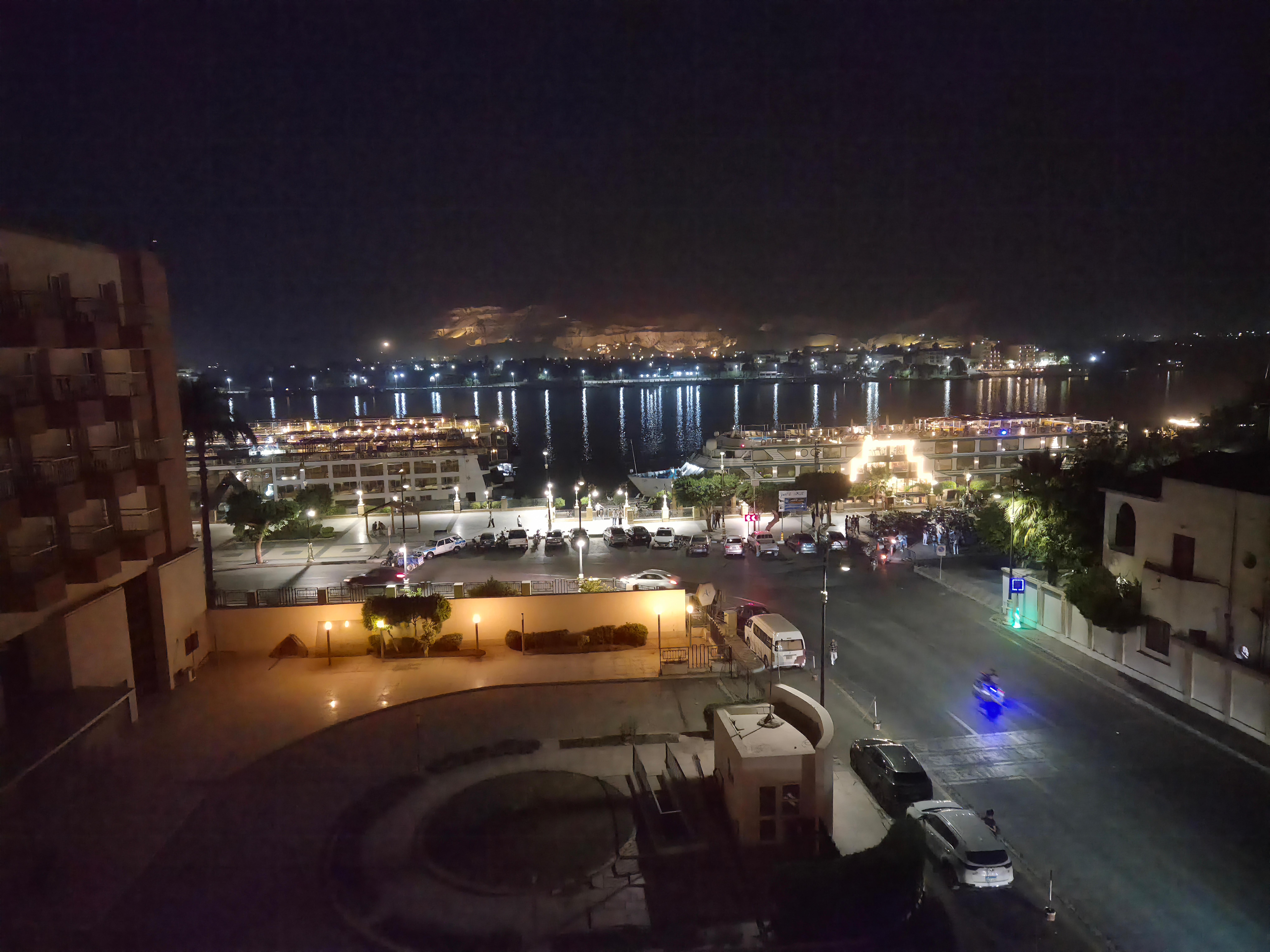 Night view of the dock and streets, from our balcony