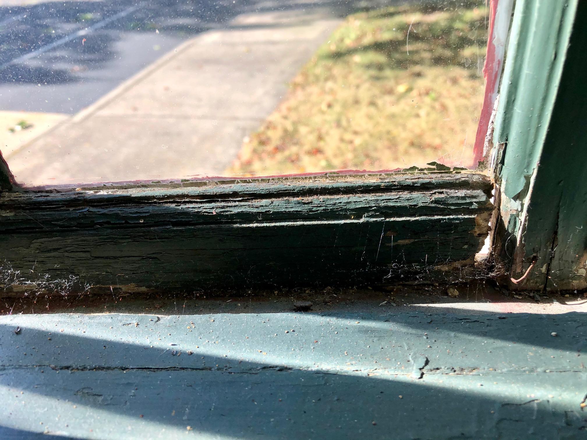 rotting window frame with hole to outside and cobwebs all over sill and window frames