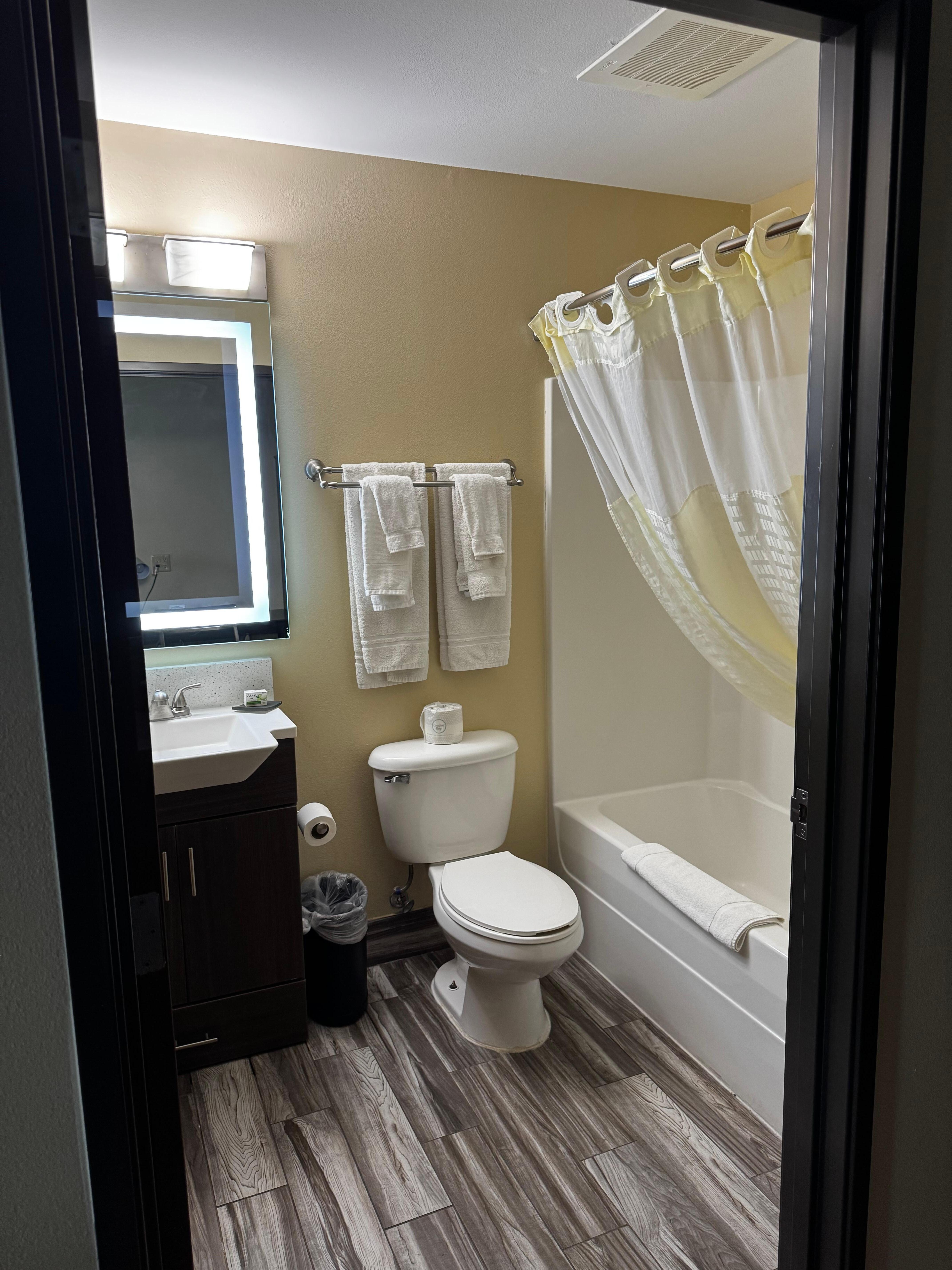One of the bathrooms.. both look the same, aside from the one by the living area had bad rust stains. 