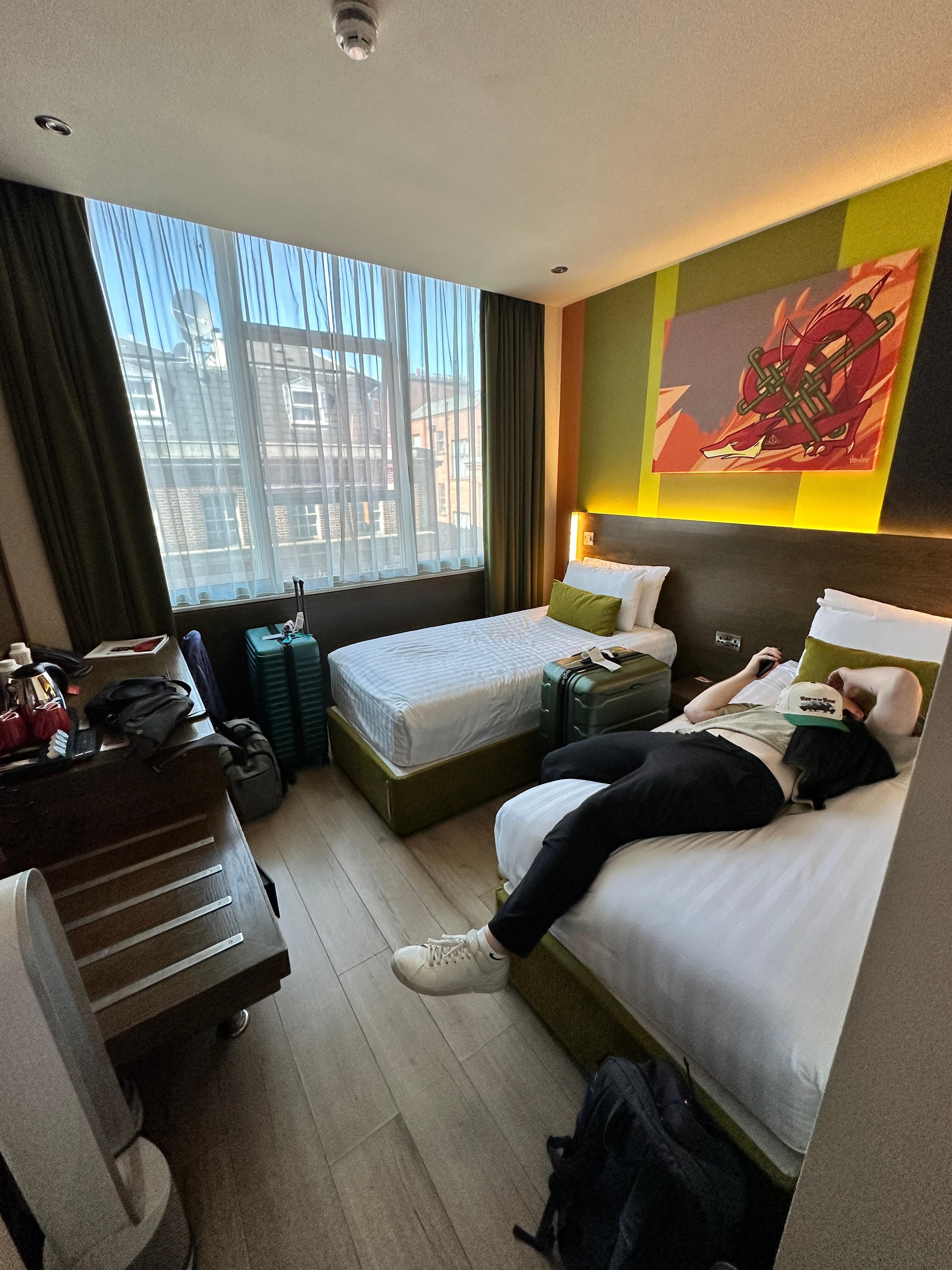Our room with 2 twin beds - super small 