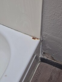 Rust on the bath tub and hole in the wall next to the commode