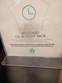 Every time I went by the lobby this sign was up. My husbands key card wouldn't work at the front door. There was no one at the front desk. Very undafe