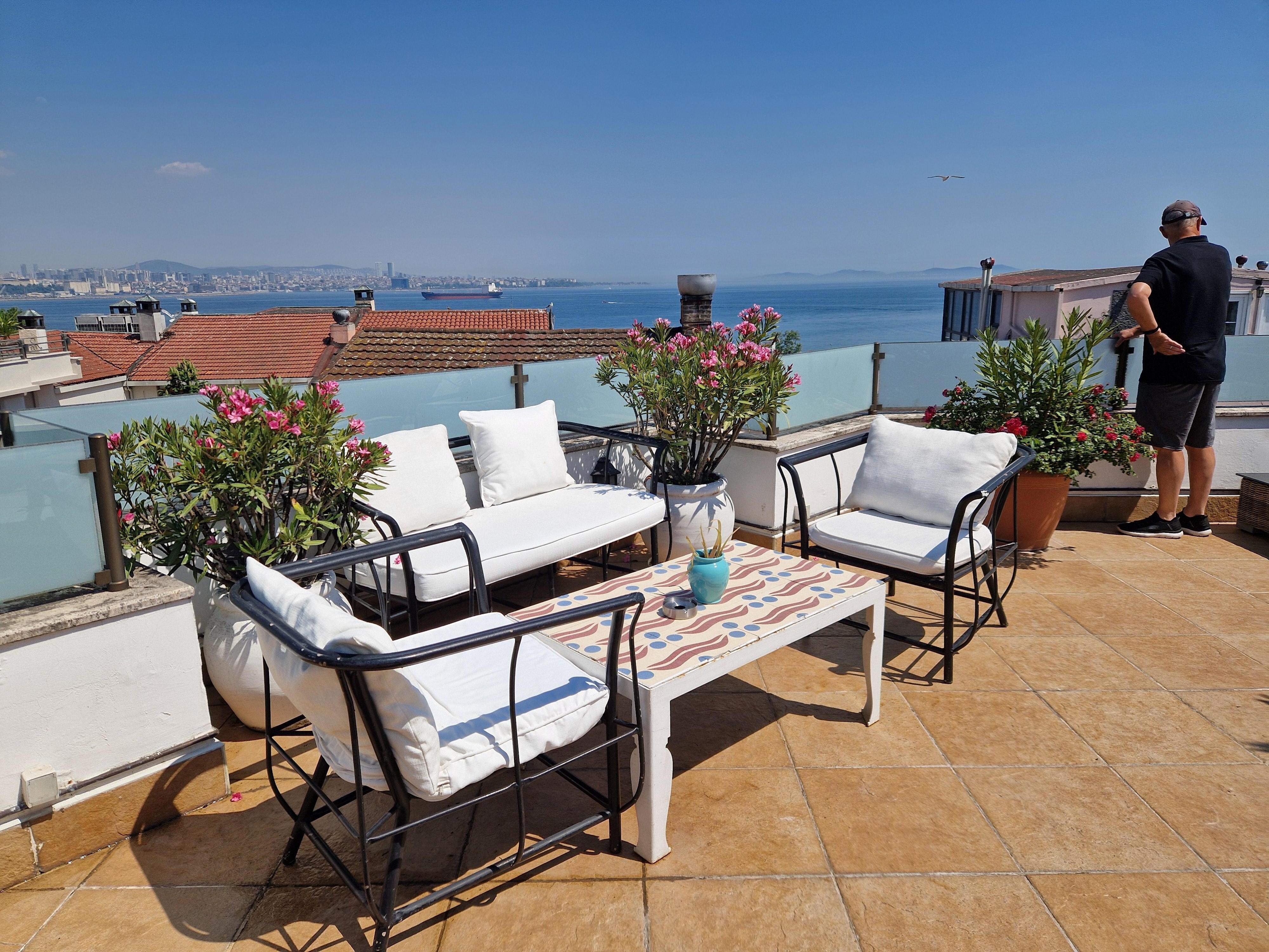 Comfy seating and stunning Bosphorus view from roof terrace