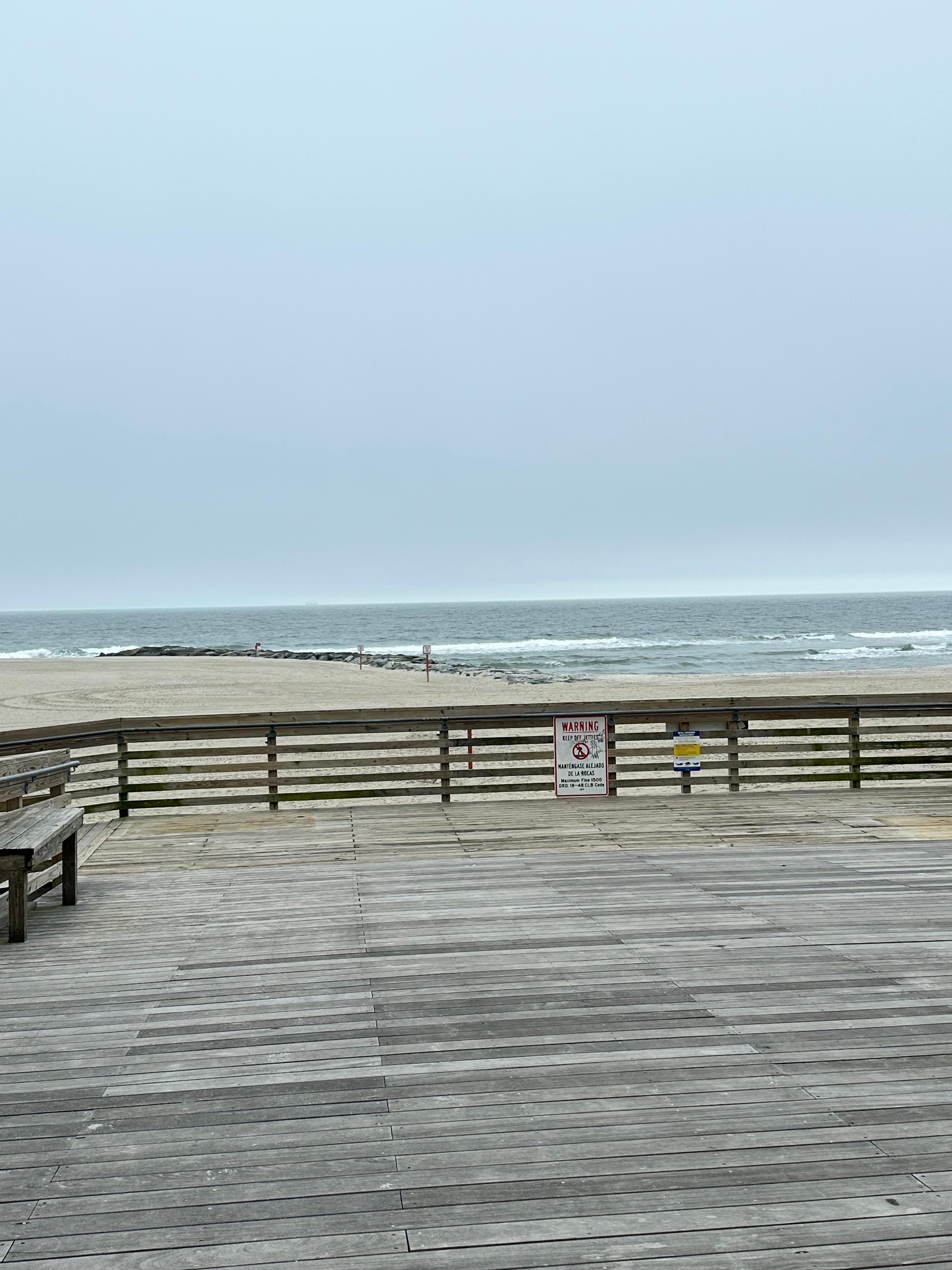 Taken from the boardwalk by n a rainy day. The beach goes on and on and the boardwalk lots of people enjoying it! 