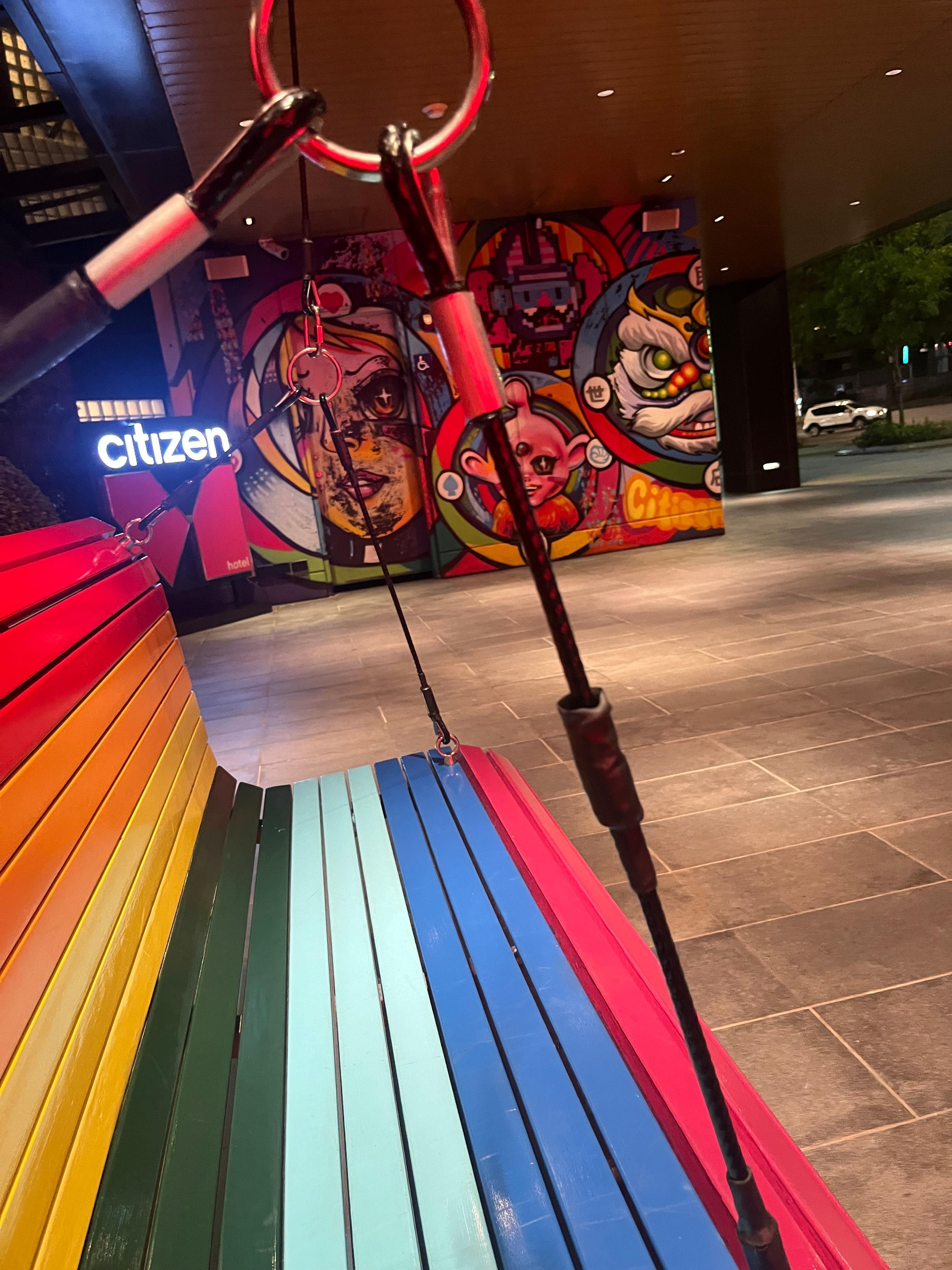 Rainbow swing outside of the hotel