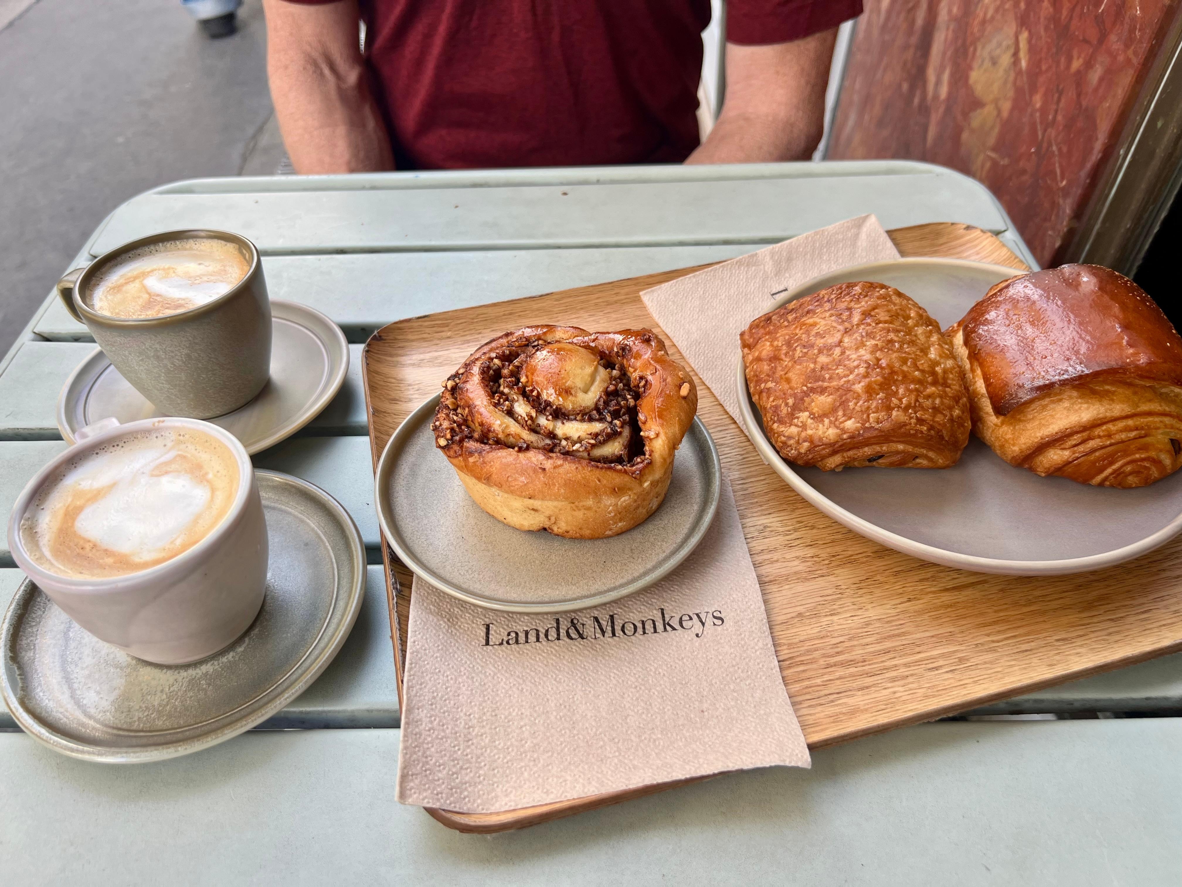 Chocolate croissants and Babka (vegan) Cappuccino with oat milk