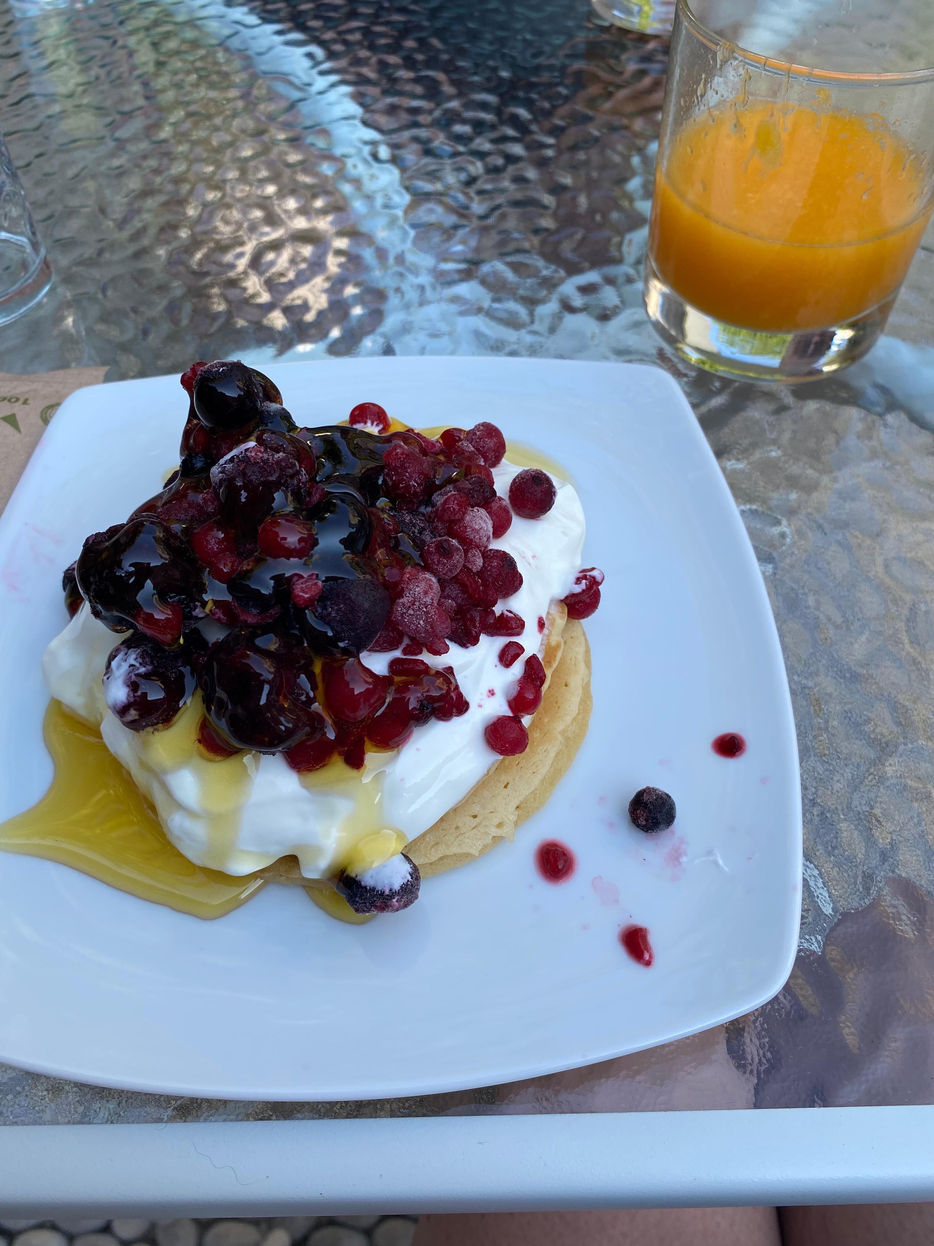 The breakfasts were amazing. This is pancakes, Greek yoghurt, frozen berries and honey. 