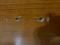 Stora hål i väggen på rummet. ”Lagade” med tejp