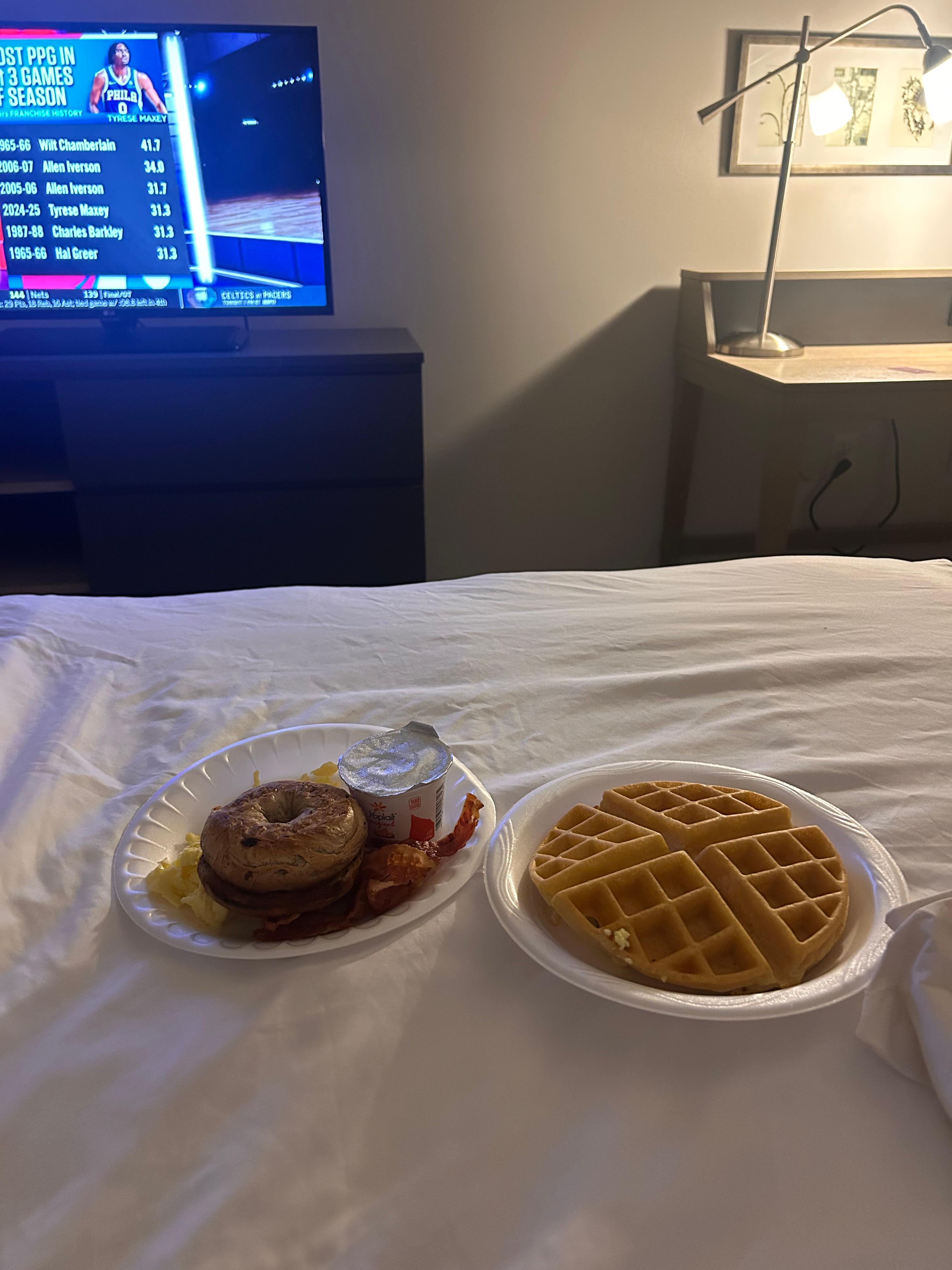 Complimentary breakfast was good lots of options. Went down at 6am and brought back up to my room