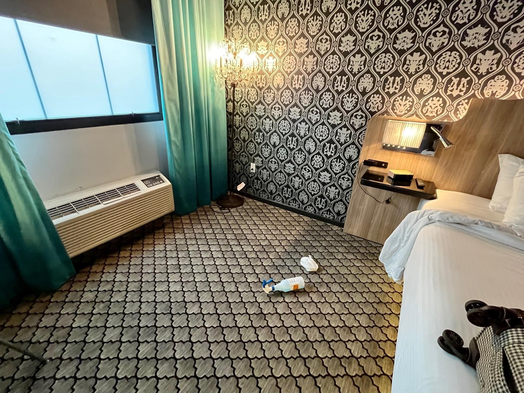 This is what I walked into when I checked into my room, cleaning spray and dirty rag on the room floor. 