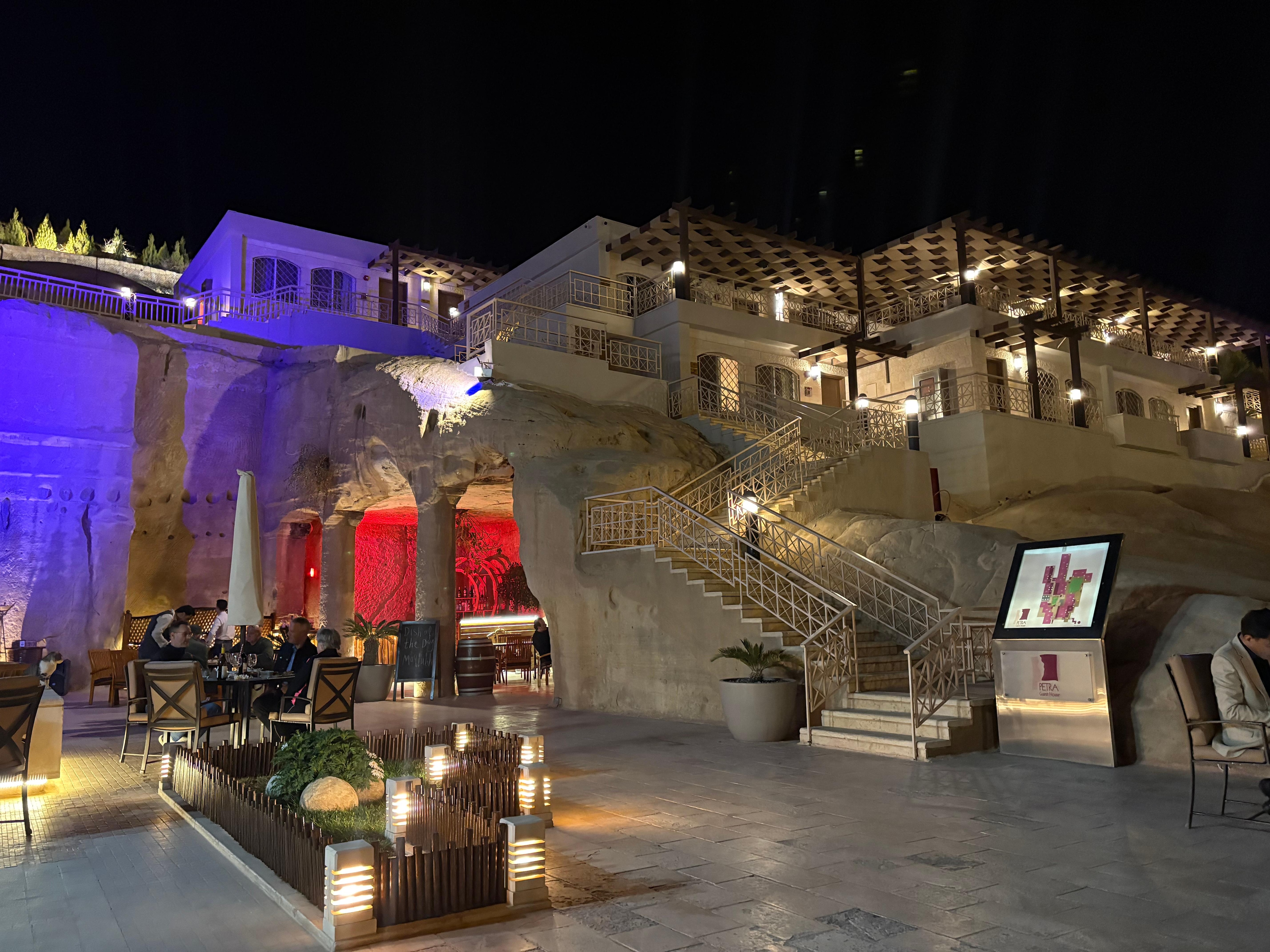 The outside of the hotel at night