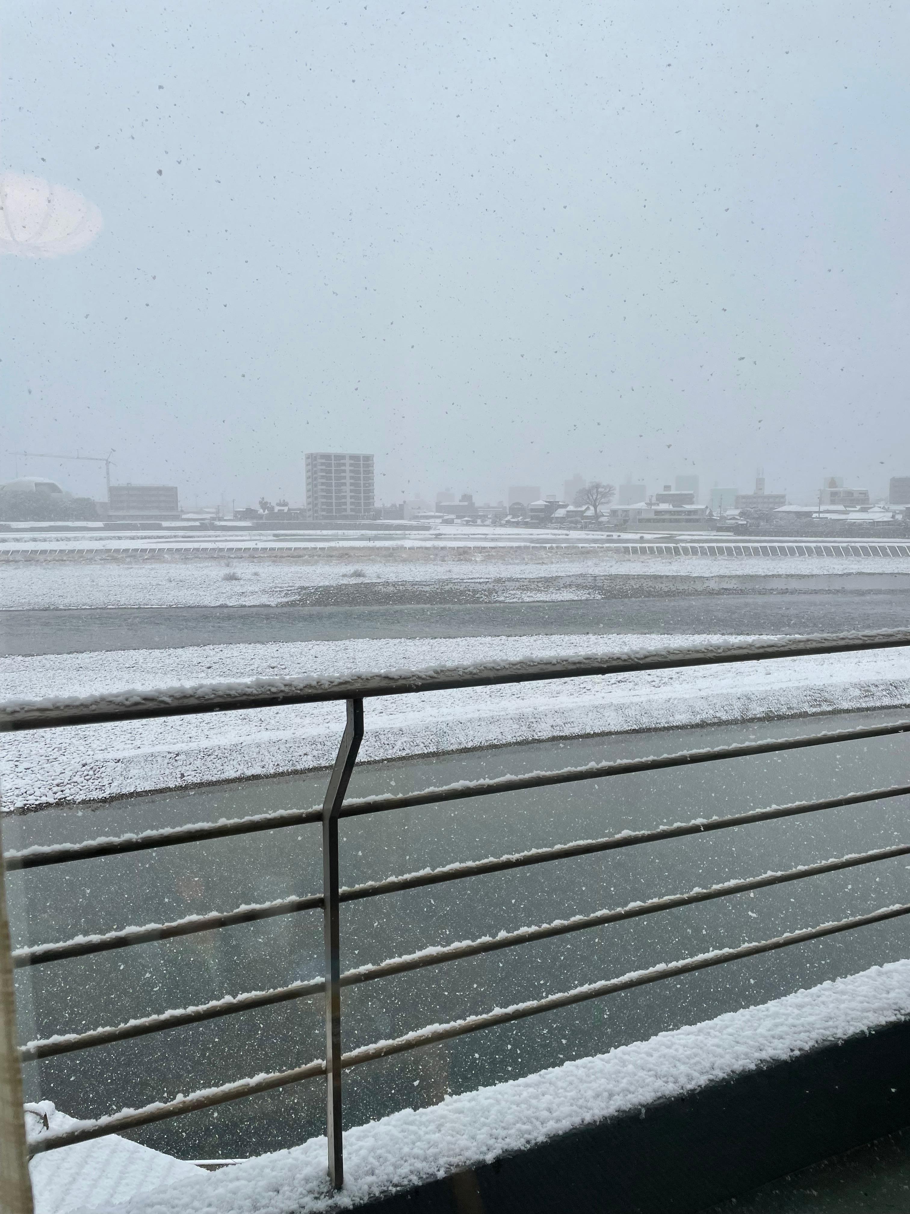 部屋の窓から見た長良川の景色、一面雪景色で素敵でした