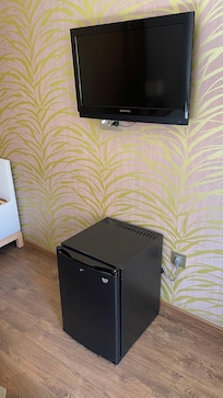 Tv pequeña y nevera en medio de la habitación