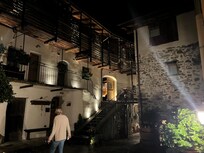 Outside with charming Christmas lights