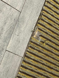 Threadbare carpet at entrance to washroom area.