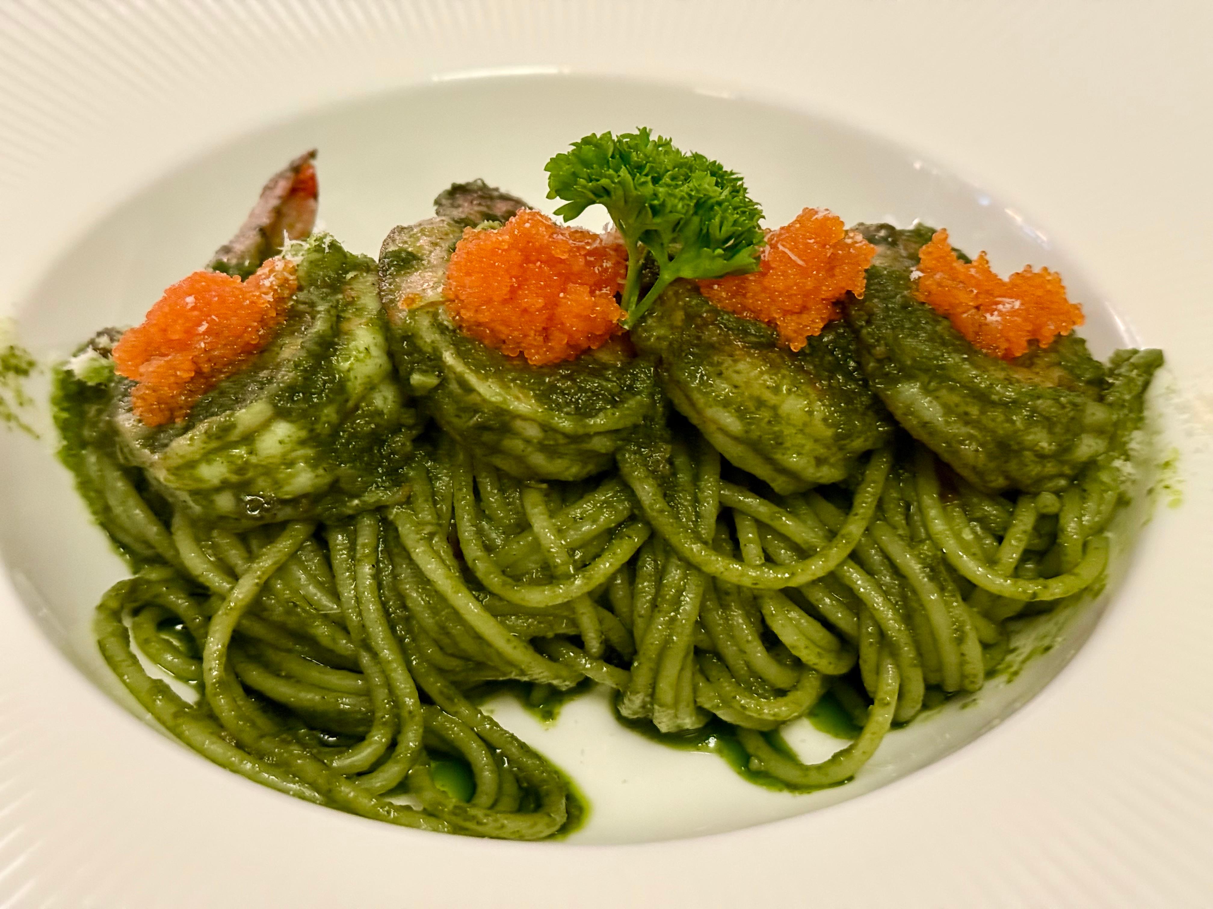 Thai basil pesto with shrimp