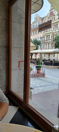 Broken window in the bar.