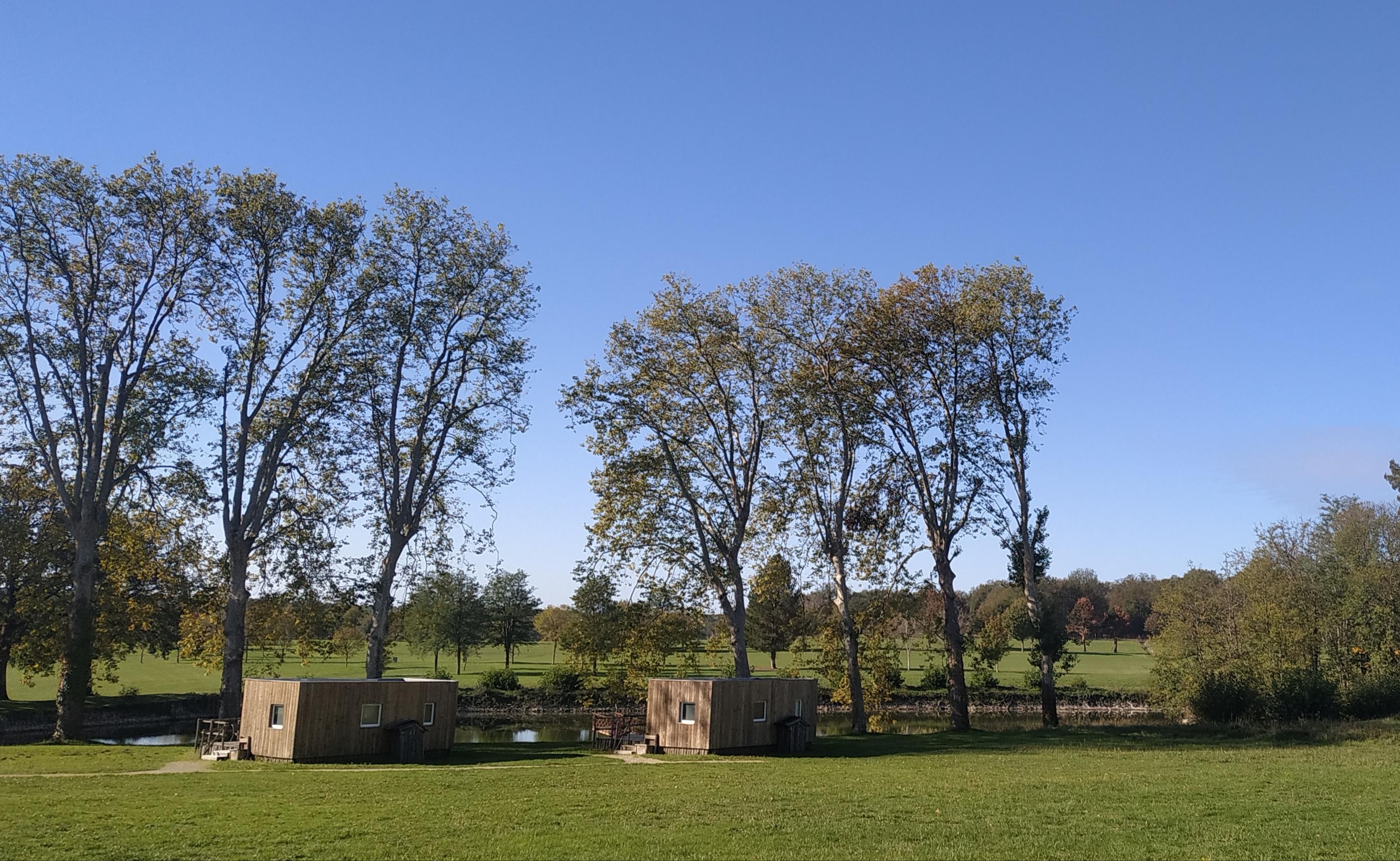 Les deux bungalows familiaux et l'étang.