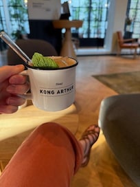 Enjoying the hotel's special take on a Moscow Mule in one of the several open spaces.