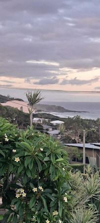 View from the verandah of the amazing sand dune at one end of the beach.