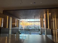 View of the start of the sunset out the front of the lobby