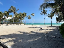 Spacious beach with volleyball net