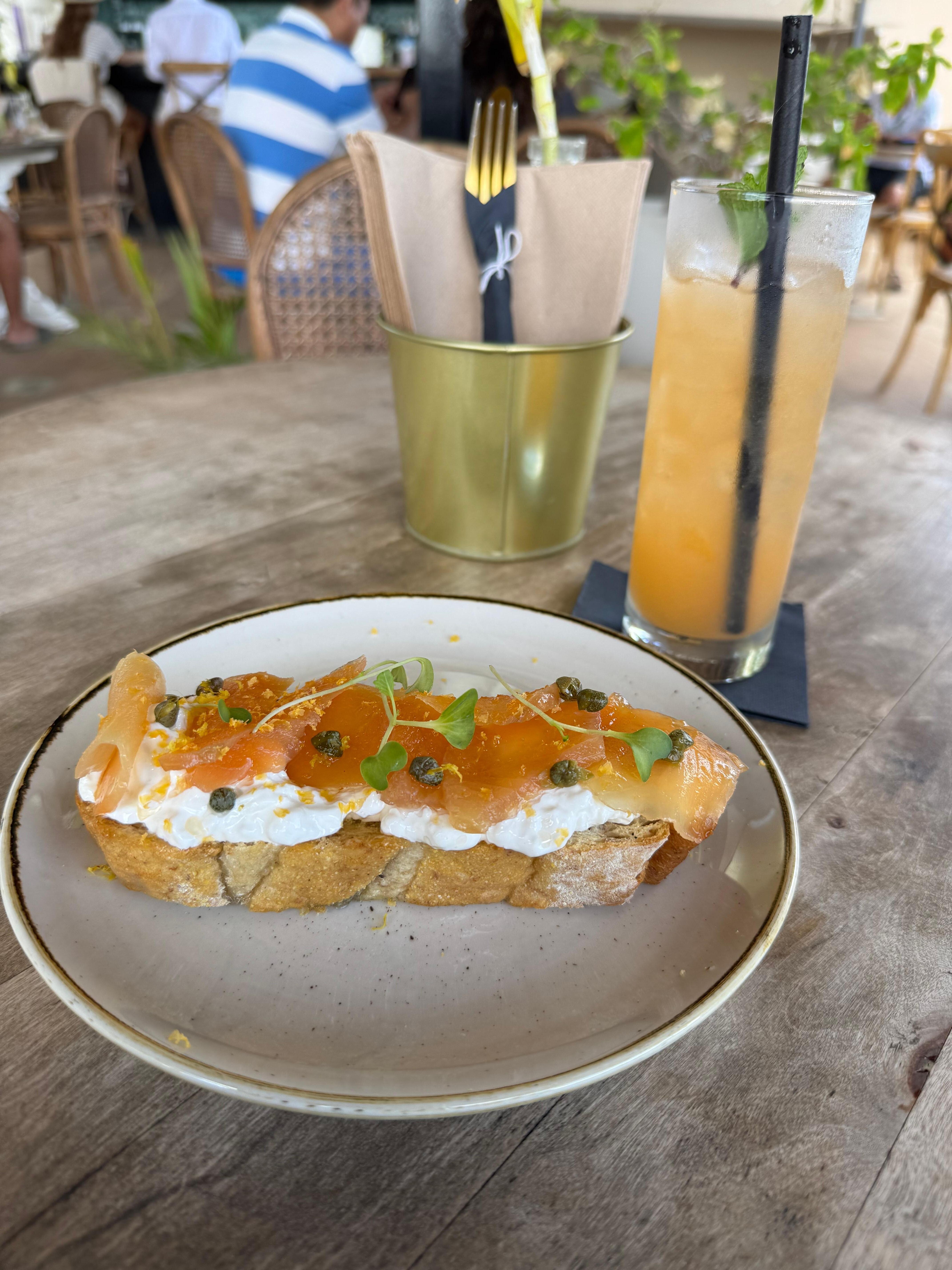 Excellent coffee, melon-like drink and salmon toast.