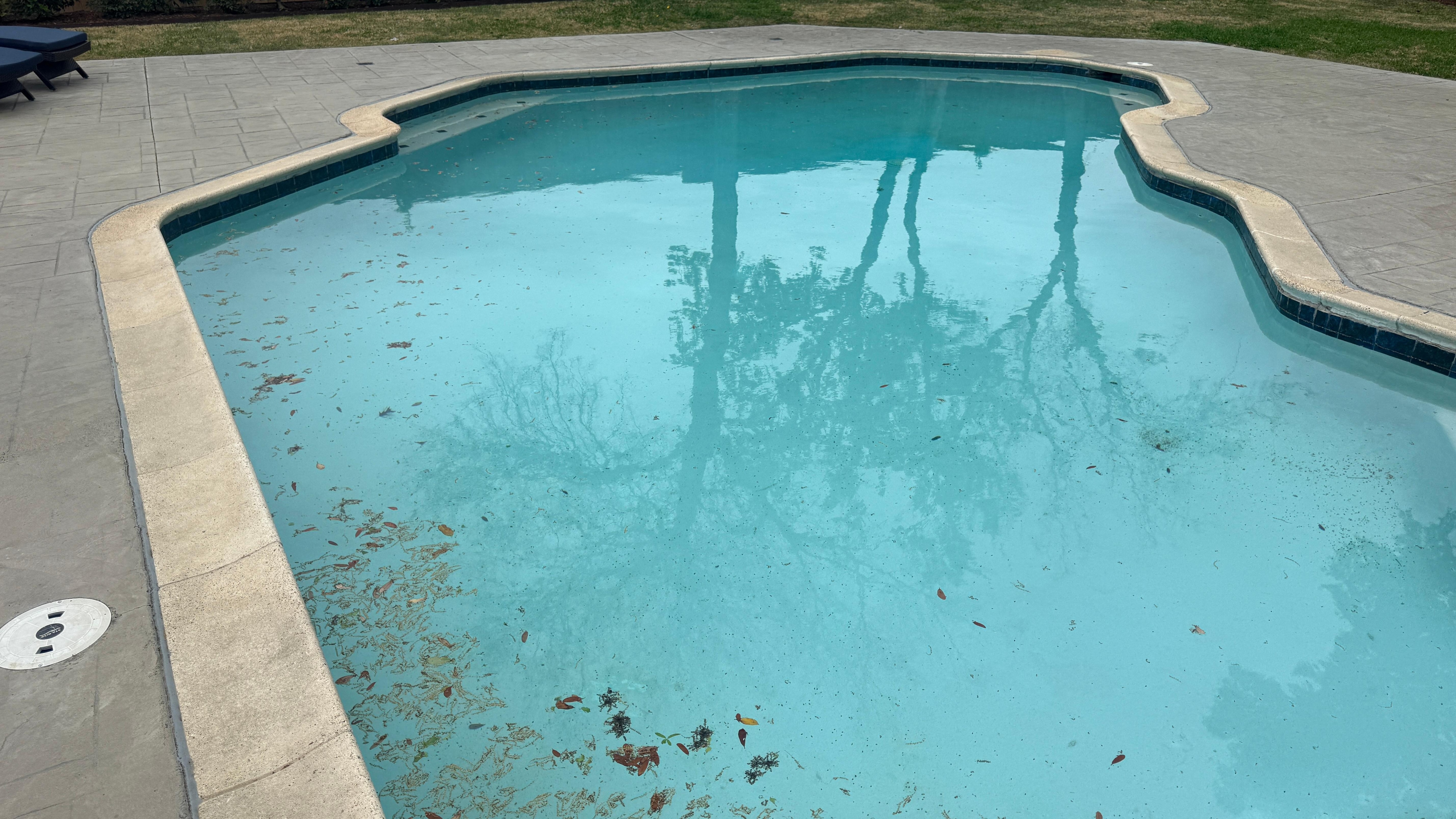 The pool had visible debris, dirt settled at the bottom, and unclear water quality.
