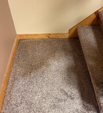 Large dark stain in the corner of the first-floor bedroom carpet present upon arrival. The surrounding carpet was also visibly dirty.