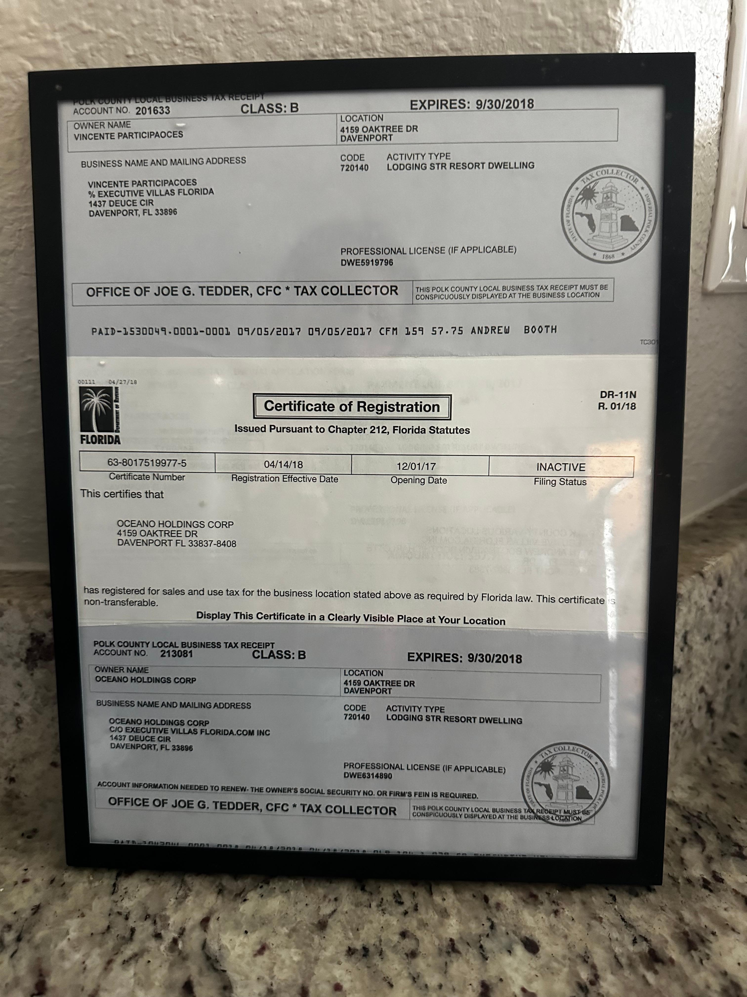 License displayed on counter for rental expires in 2018