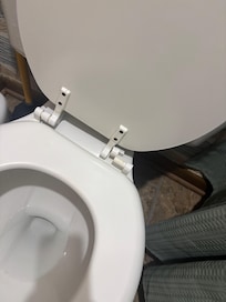 Broken toilet seat. Breaks into two pieces with the slightest movement.