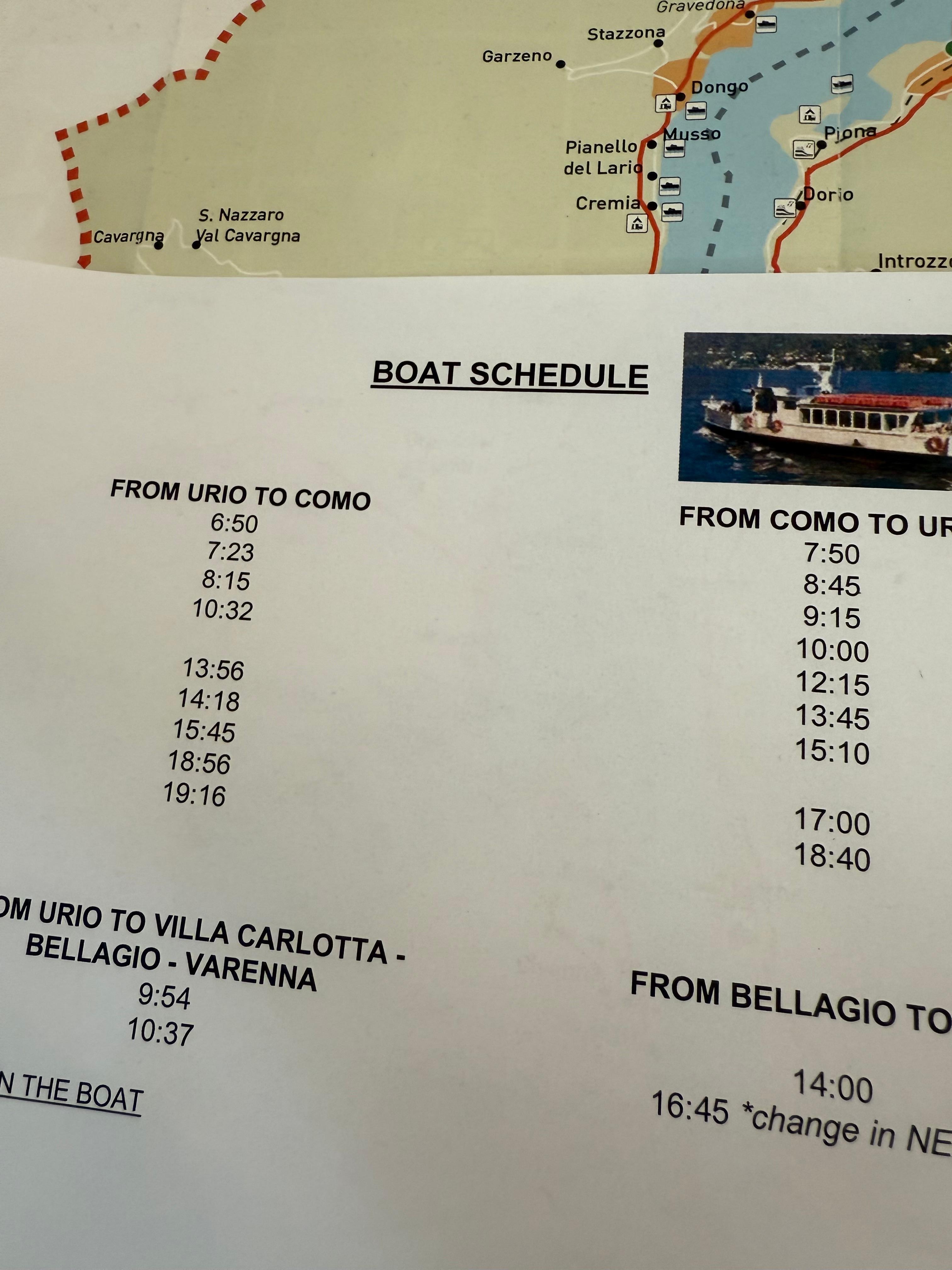 Boat schedule from the reception