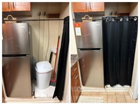 Washer/Dryer Removal -
Washer and dryer were removed and the space concealed behind a black curtain on a tension rod. Exposed plumbing hookups remain on the wall and the floor is visibly damaged.