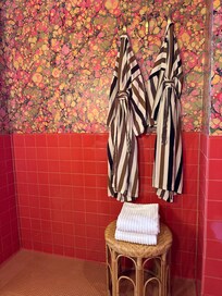 Cutest pink bathroom with great water pressure and adorable robes.