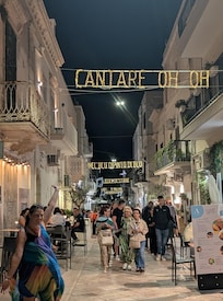 The historic town at night.