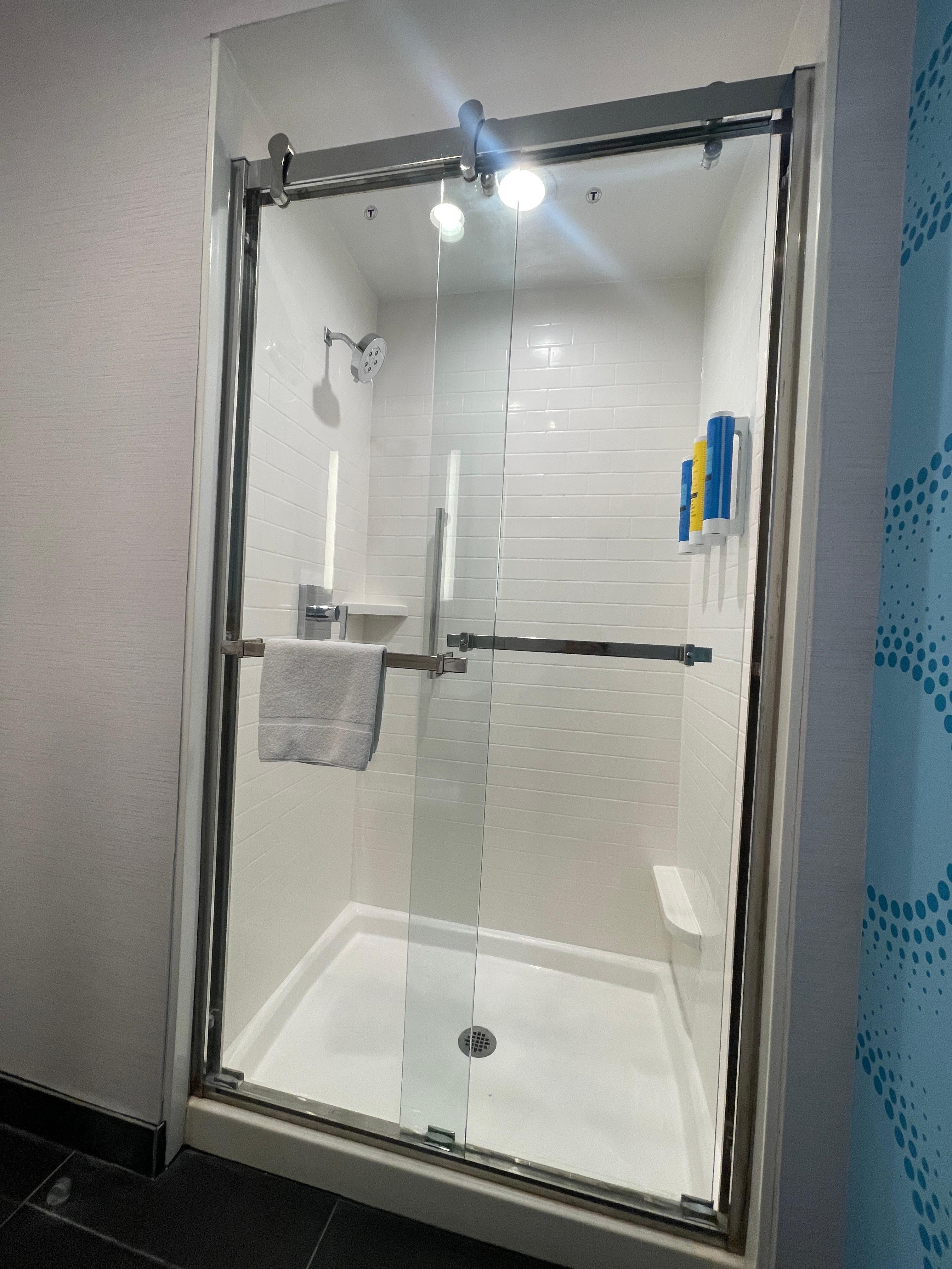 Walk in shower and spacious restroom.