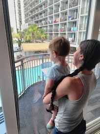 The view from the restaurant above the pools!