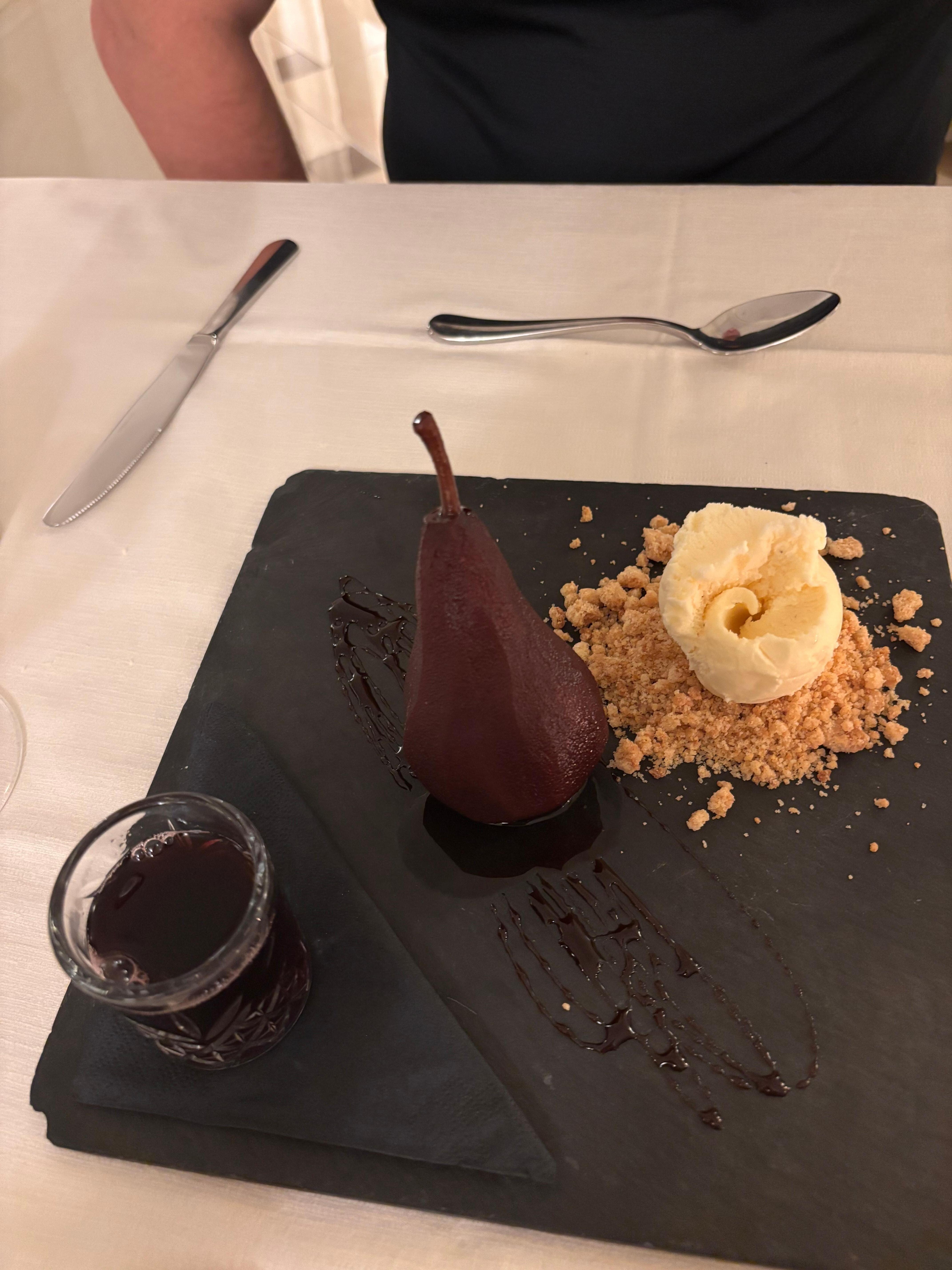 Dessert!!  Poached pear in red wine. 