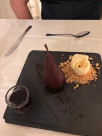 Dessert!! Poached pear in red wine.