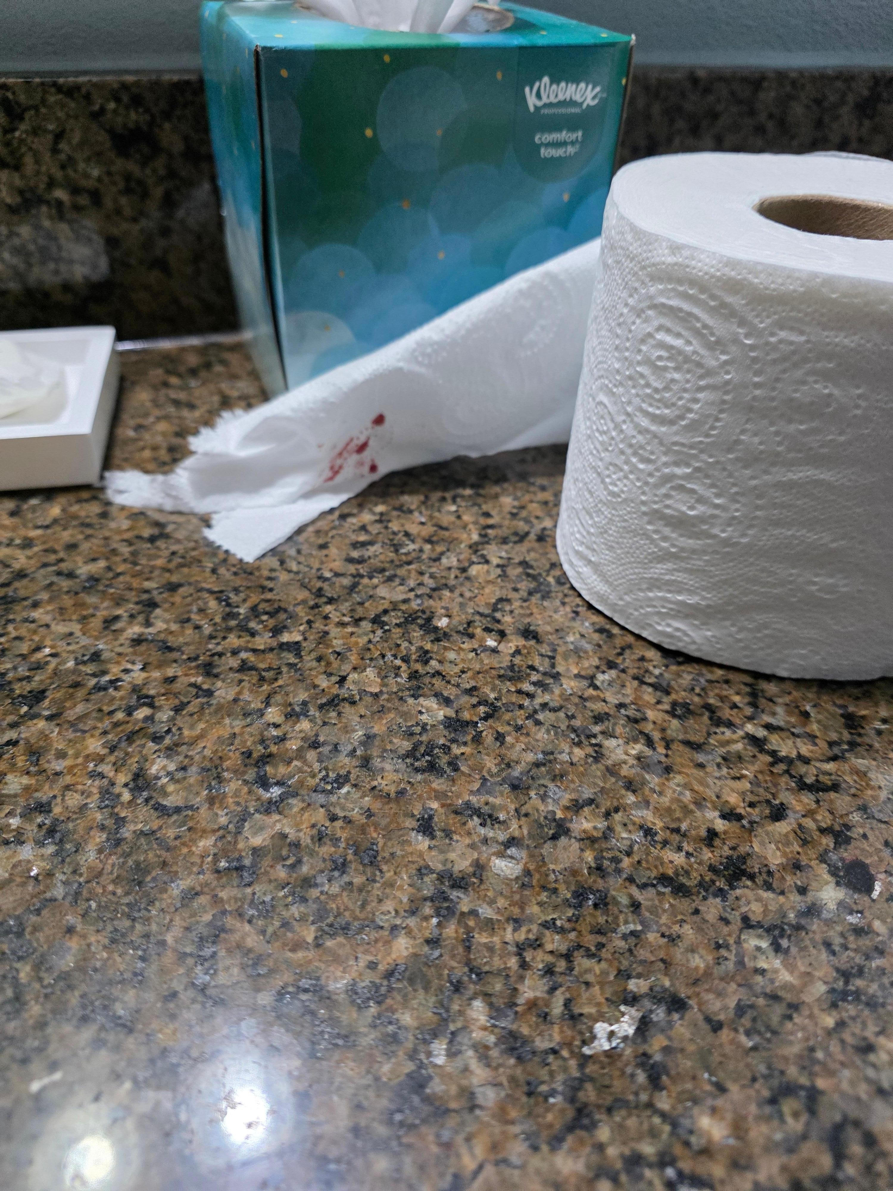 Roll with blood on counter