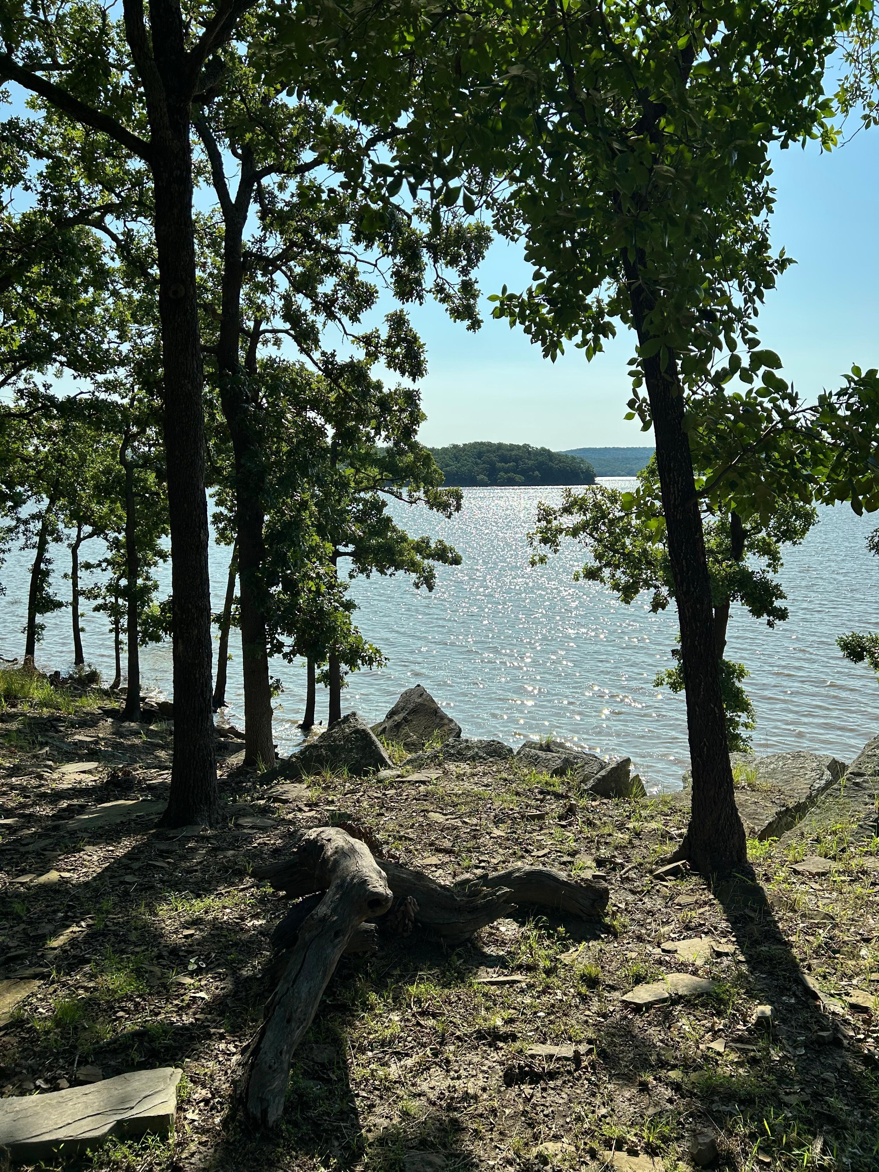 Rocky area at water’s edge below the house