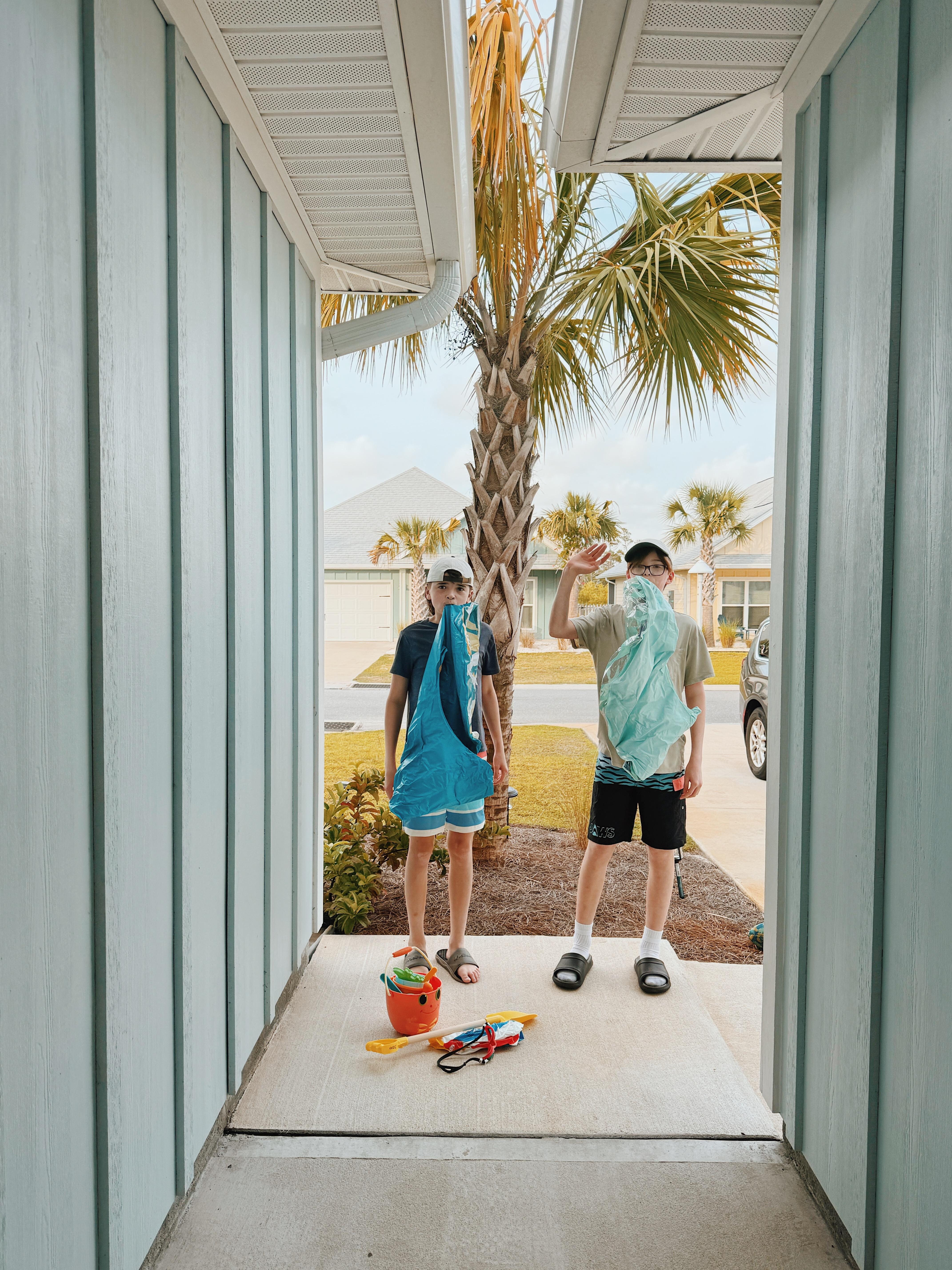 Out front, getting ready for a walk to the beach