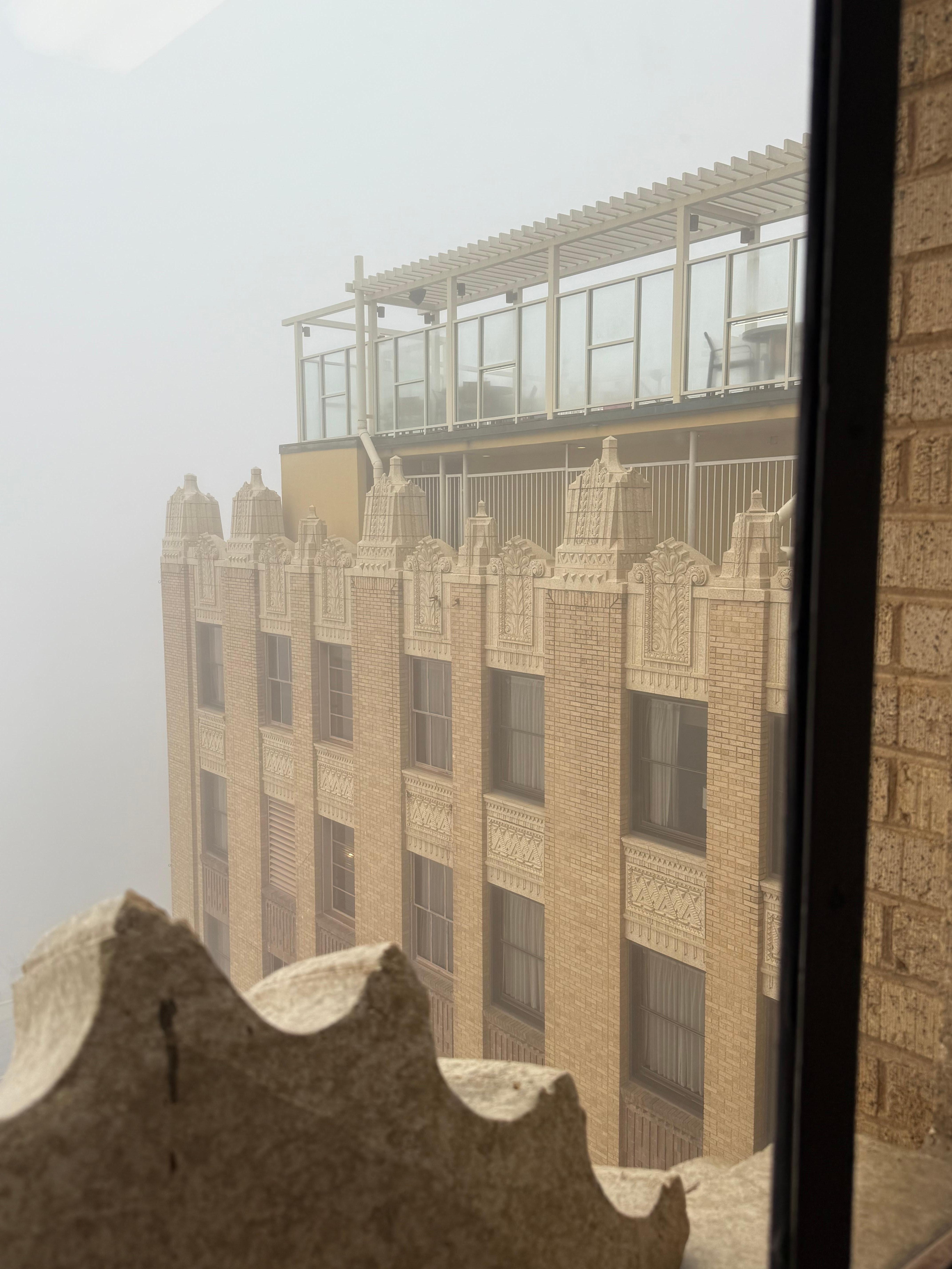 Pictures from a window looking to the one of the two pools. 