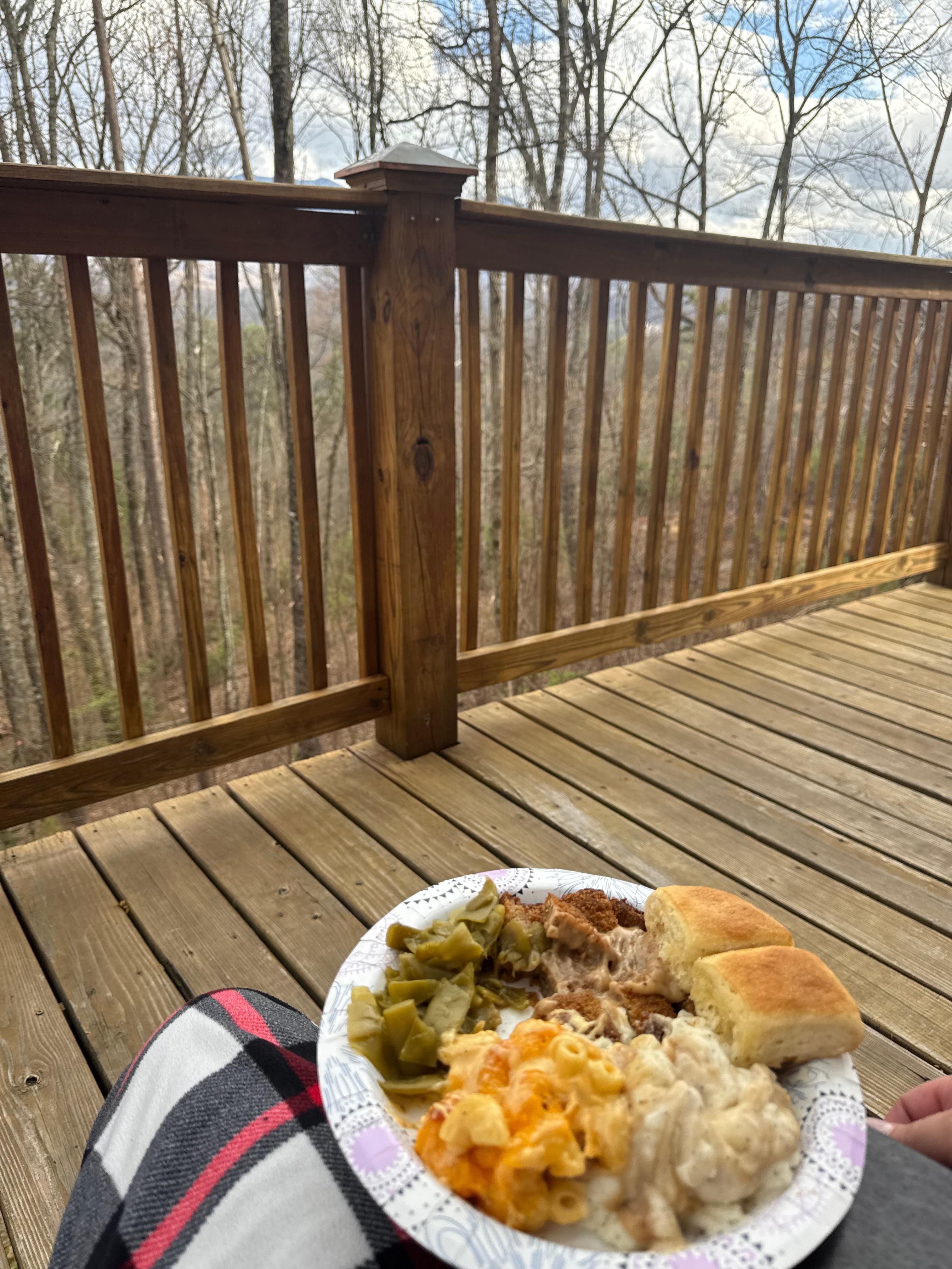 Dinner on the deck overlooking the mountains 