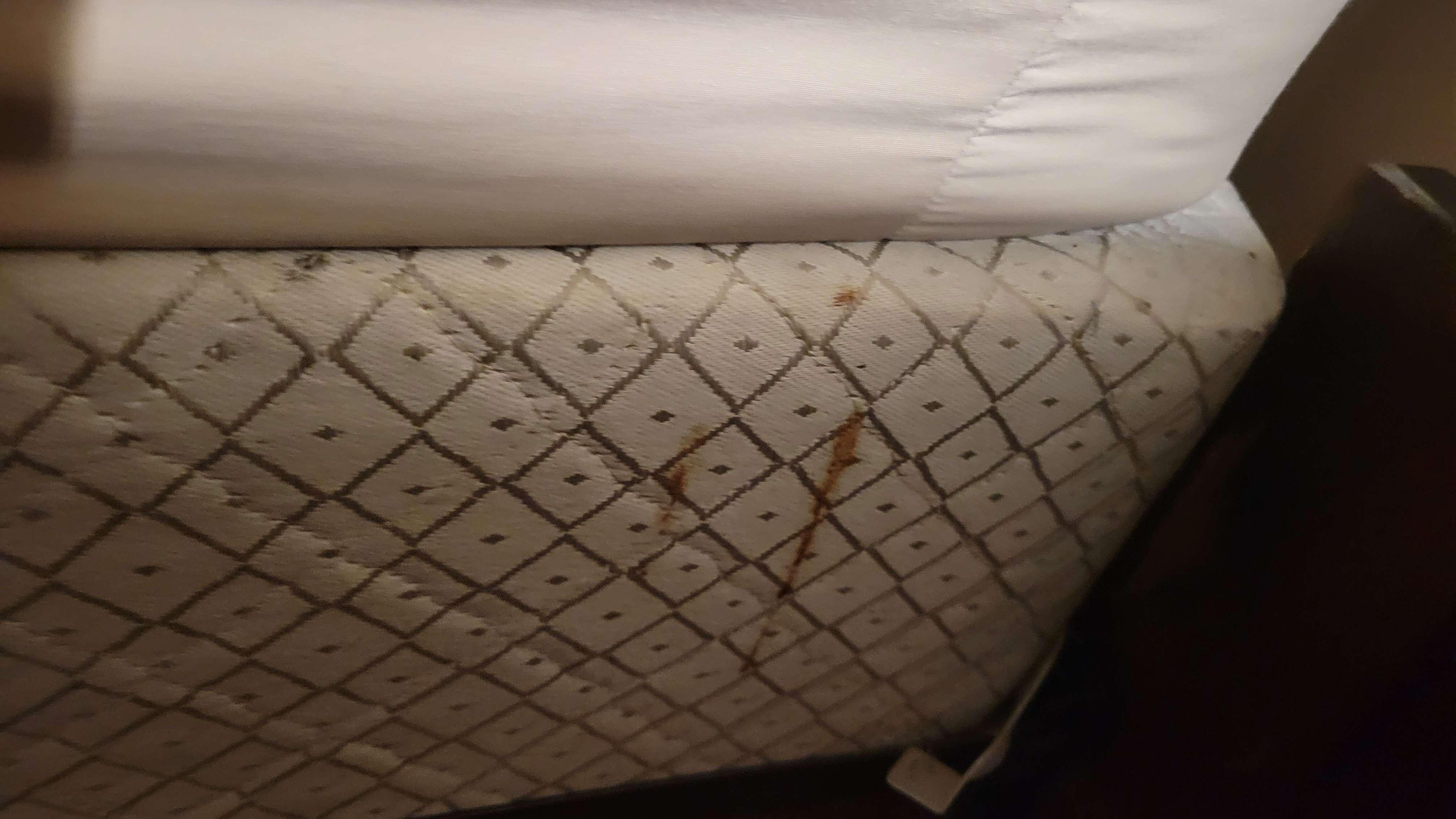 Staining on the box spring of the bed which was also in bad condition.