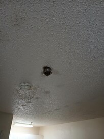 Broken cage around fire alarm.