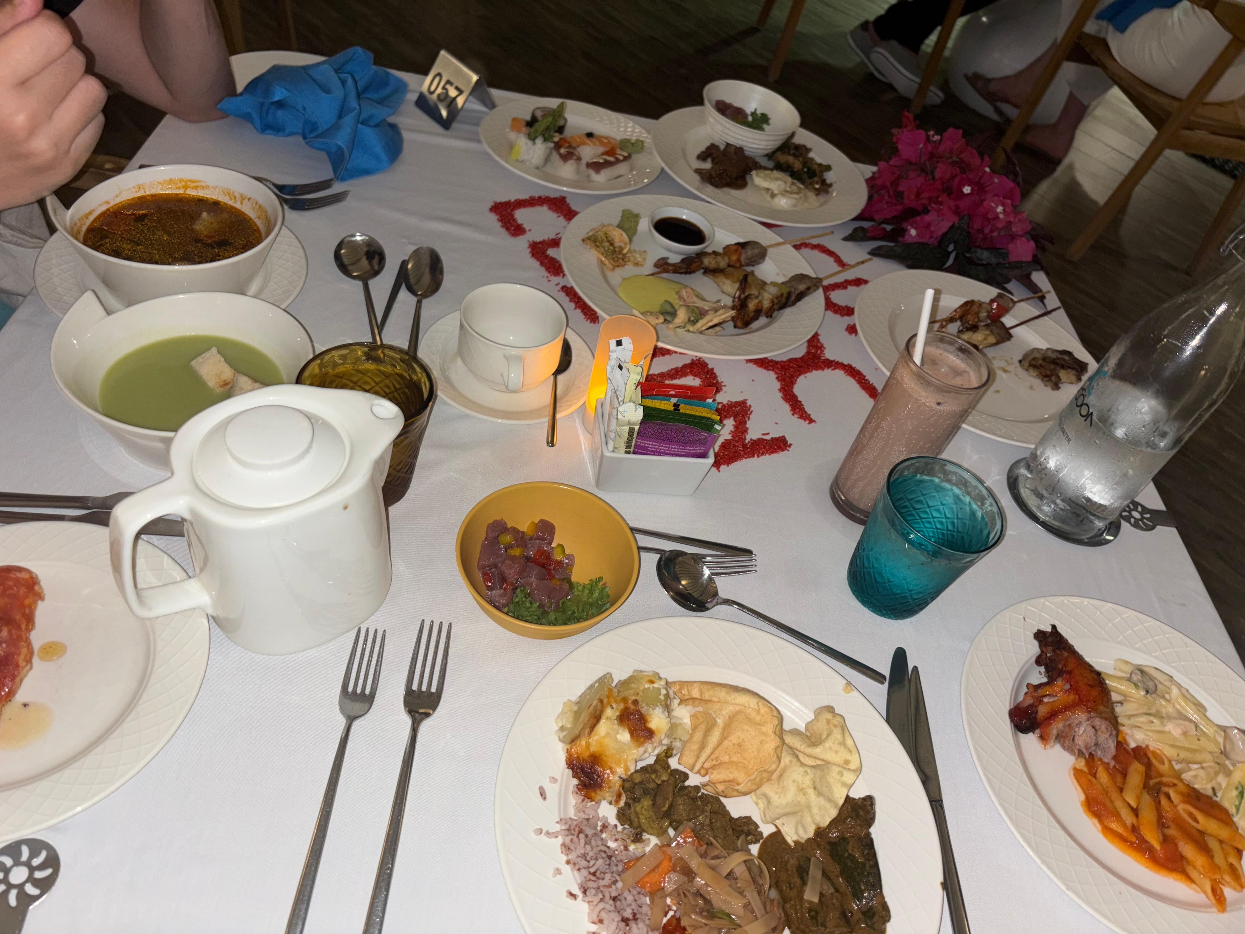 insane amount of food and the quality is great! every meal you can order drinks like cafe latte or hot chocolate or wines. the all-inclusiveness is really extensive. there is breakfast, lunch, afternoon tea, and dinner. service was excellent too!