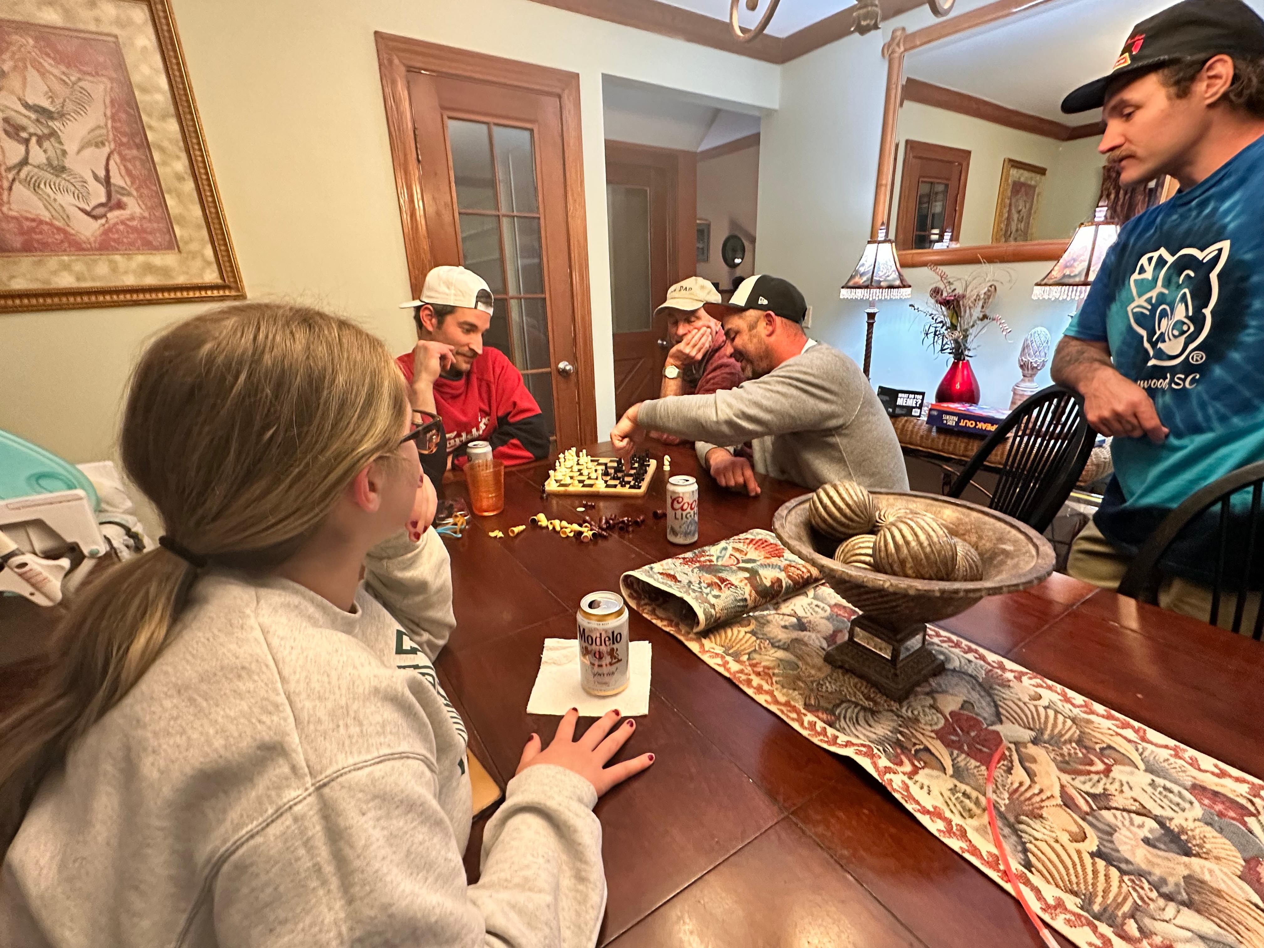 Chess on the dining room table, “ spoons” on the kitchen island
