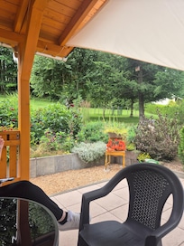 Blick in den Garten und Wald